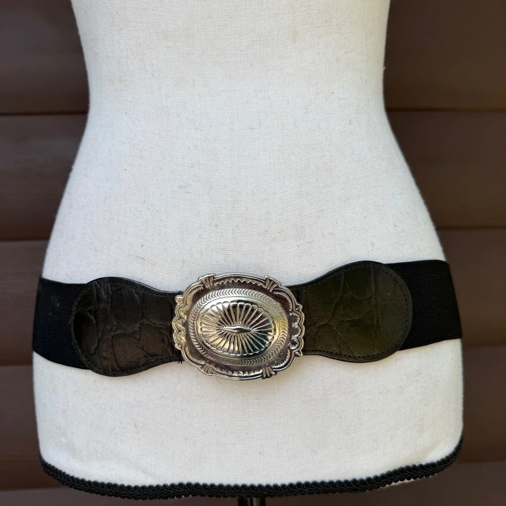 Western Concho Cinch Belt Womens M Black Silver Ornate Buckle Elastic Wide